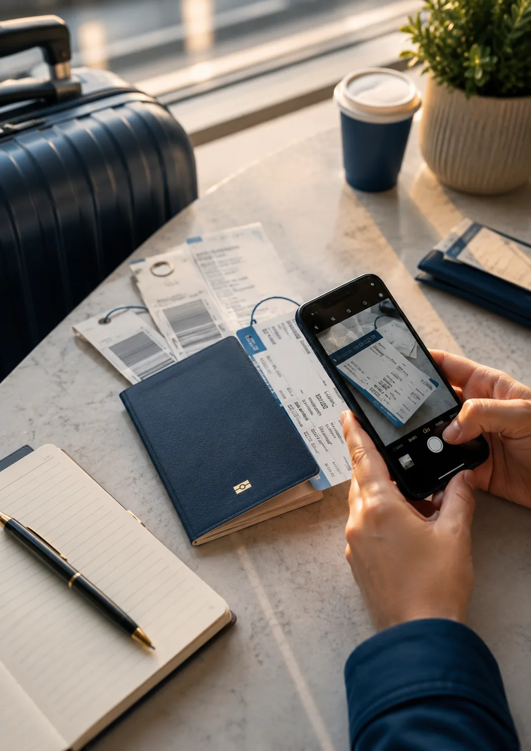 Passaporte, bilhetes e celular fotografando documentos