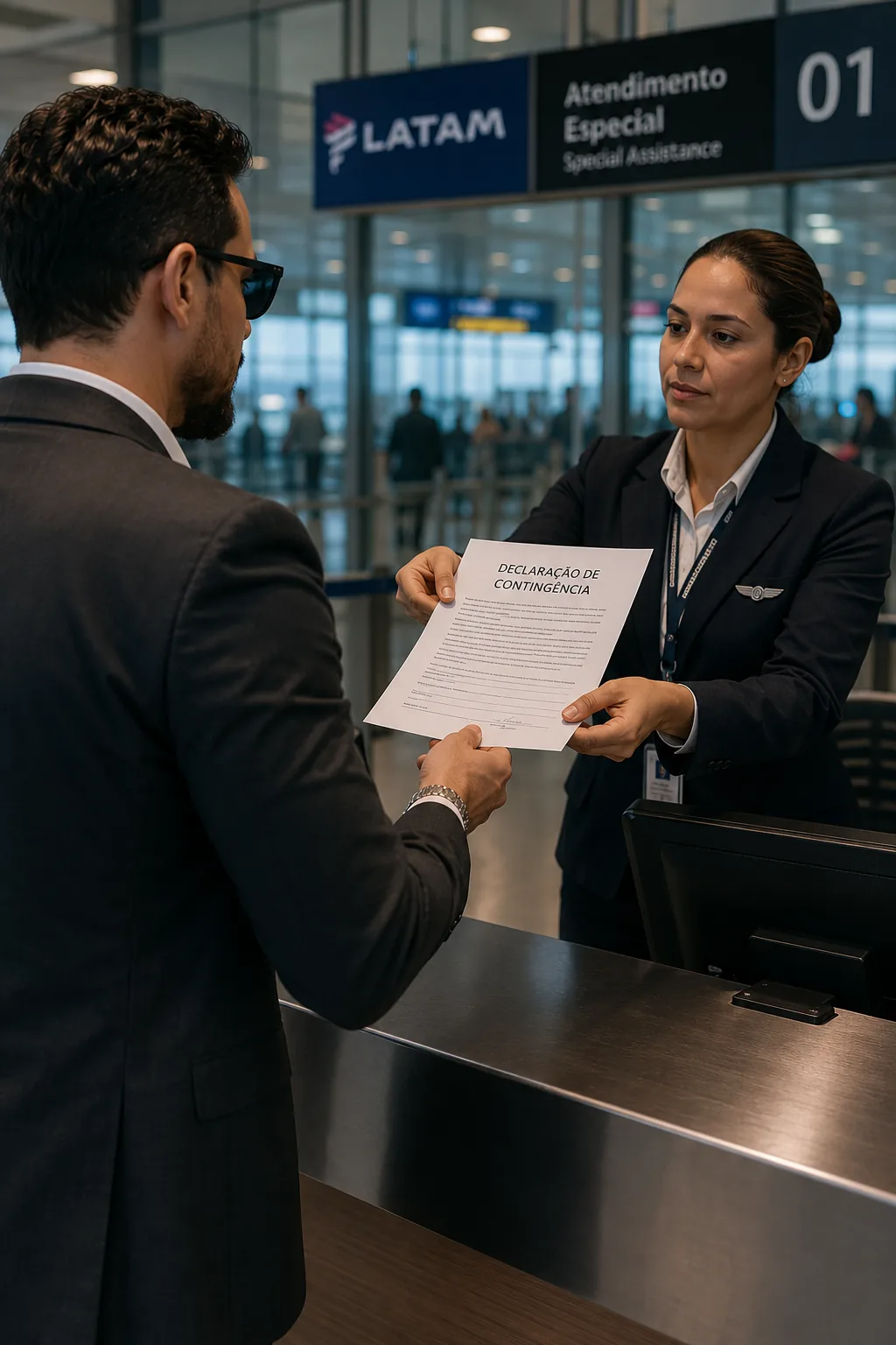 Viajante conversando com atendente no balcao do aeroporto