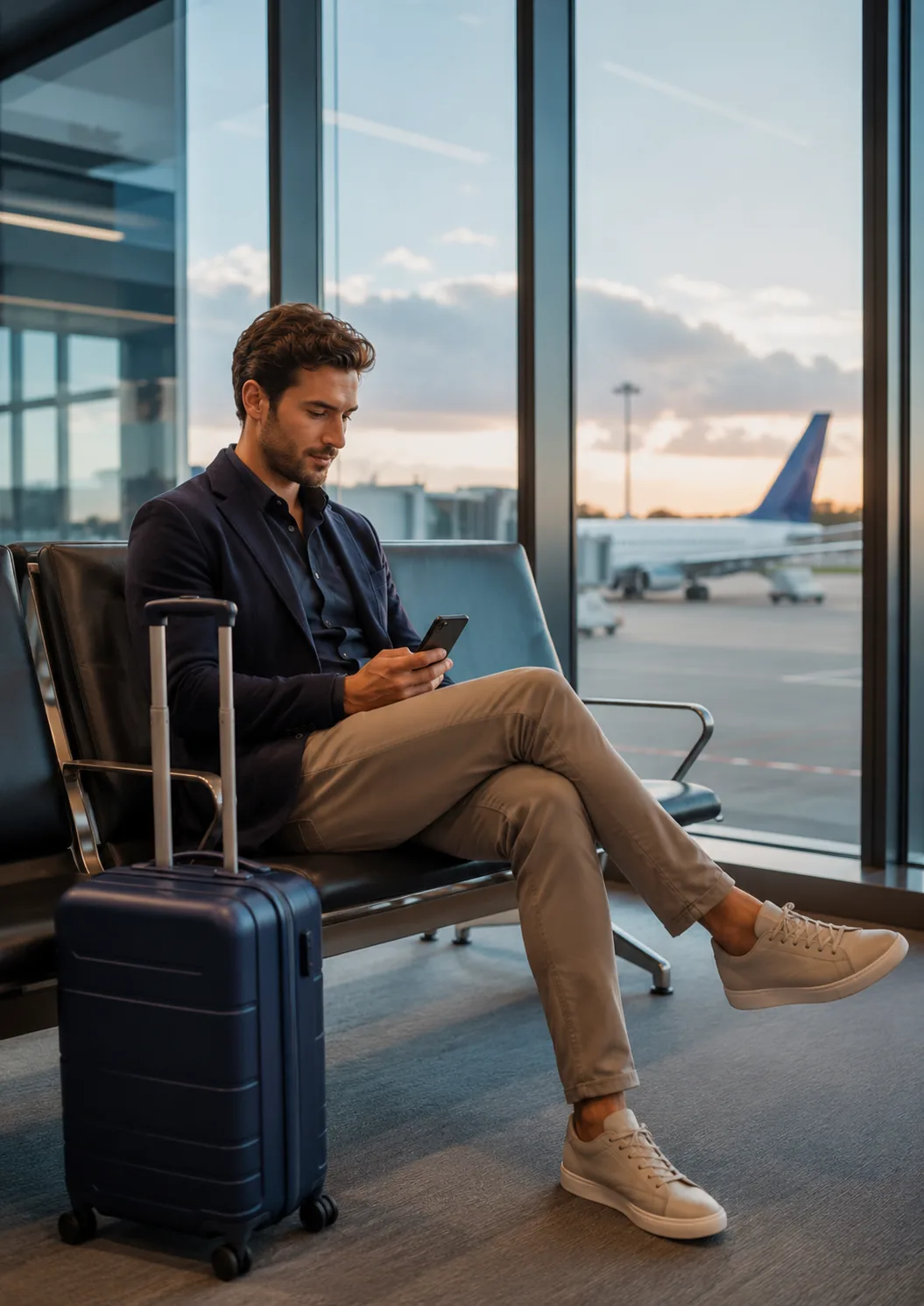 Viajante sentado no aeroporto usando celular