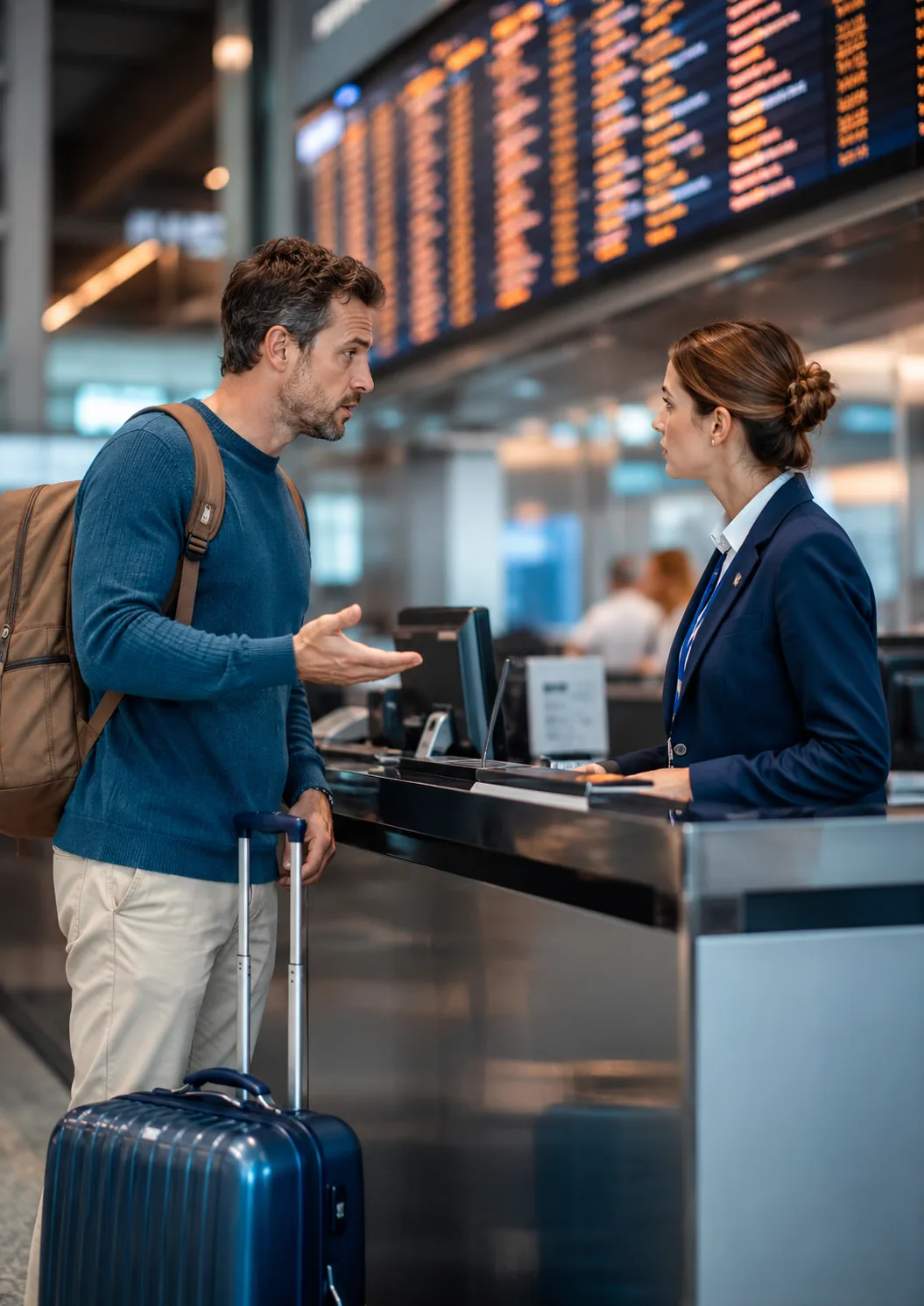 Viajante mostrando celular para atendente no aeroporto