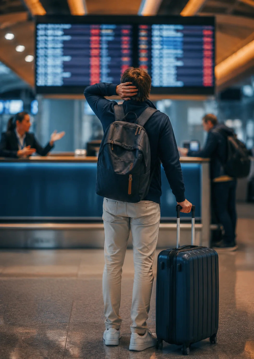 Viajante observando painel de embarque no aeroporto