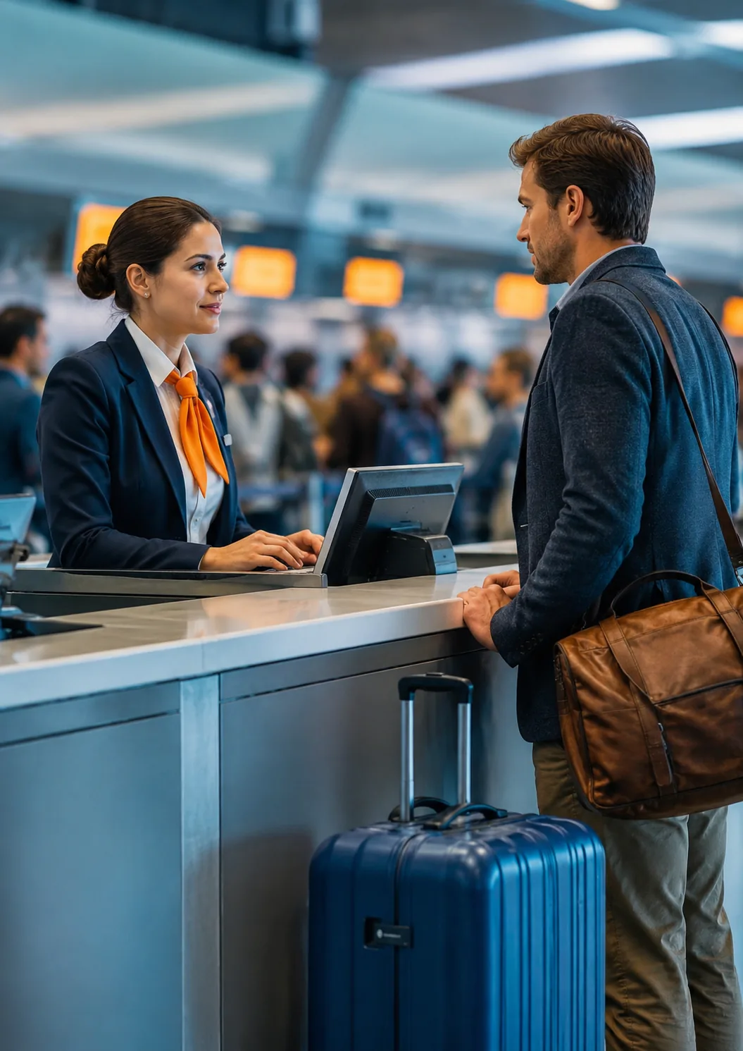 Passageiro conversando com atendente no check-in