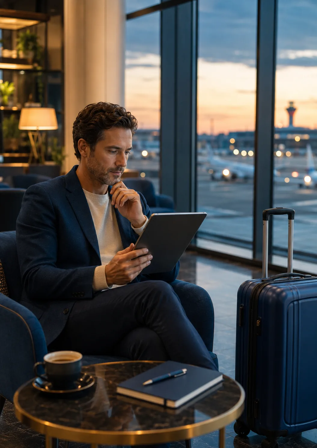Viajante conferindo tablet no lounge do aeroporto