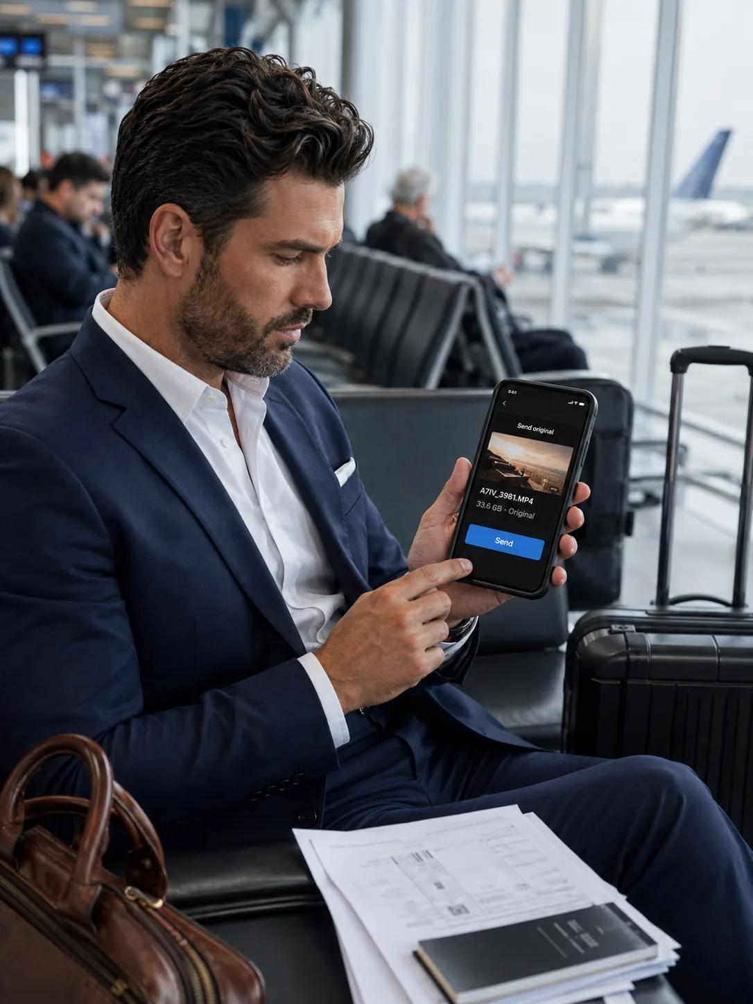 Viajante tranquilo usando celular no aeroporto