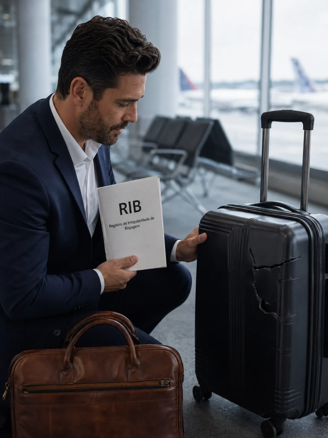 Viajante analisando mala danificada no aeroporto